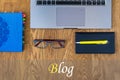 Blogging, blog concepts ideas with work table. The idea of Ã¢â¬ÂÃ¢â¬Â¹Ã¢â¬ÂÃ¢â¬Â¹a blog cover. Royalty Free Stock Photo